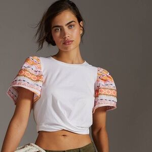 Anthropologie Dolan Embroidered-Sleeve Twist Top Medium